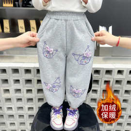 女童冬装加绒加厚卡通卫衣2024新款中小童可爱女孩一体绒哈伦裤潮