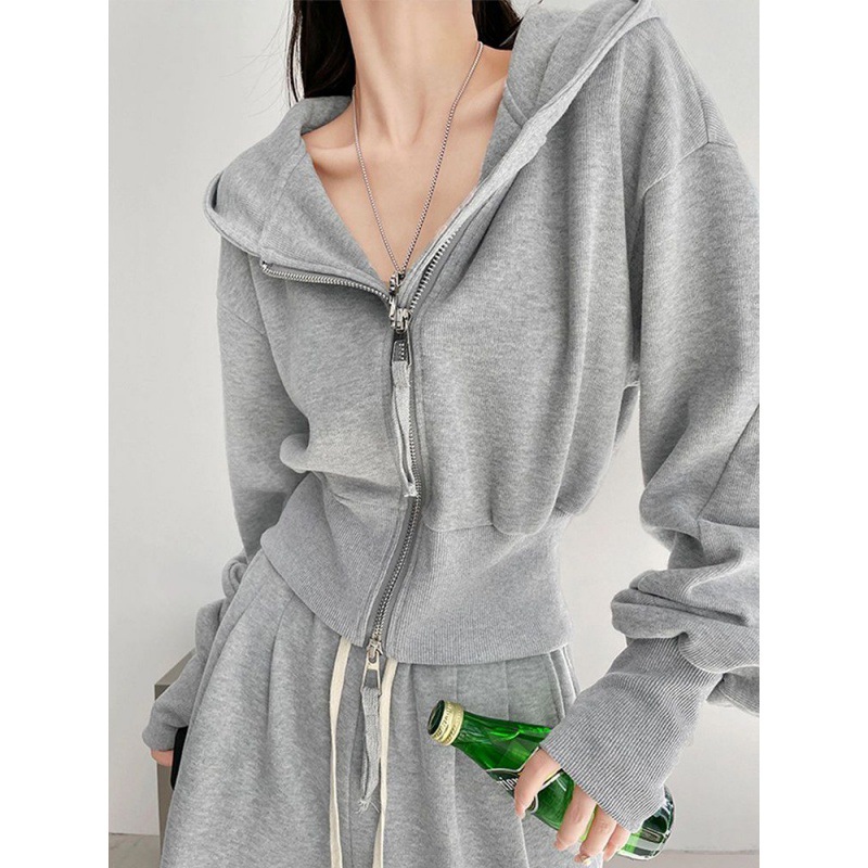 Short autumn sweatshirt with zipper with hood