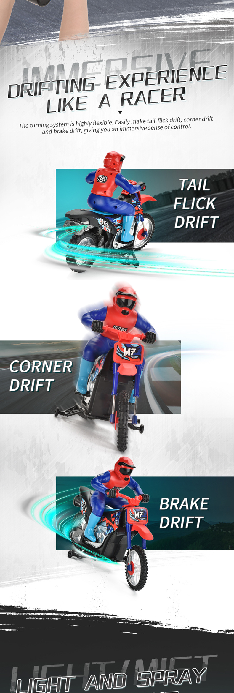 2.4G Motorcycle Stunt Spray Light Rechargeable Boys Remote Control Car Model Children's Toy_voghion.com