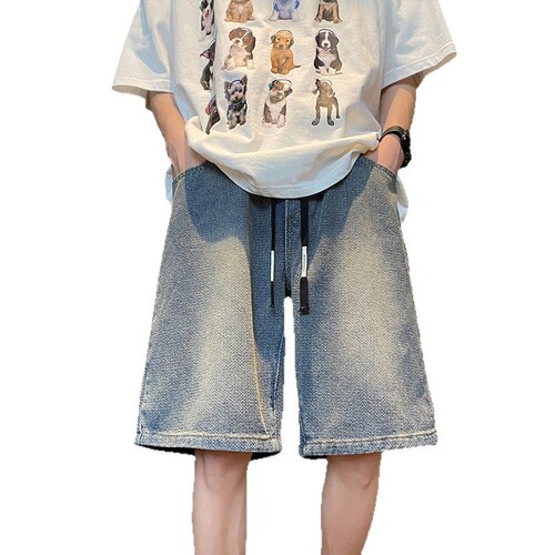 Starry sky pattern denim shorts men's trendy summer thin ice silk four-and-five-point pants American retro high street casual mid-sized pants