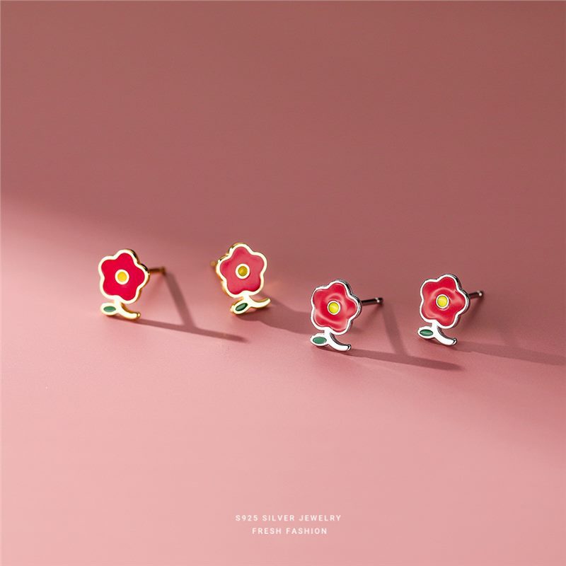Boucles d'oreilles puces fleurs rouges en argent sterling_voghion.com