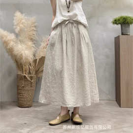 2026春夏季新款亚麻半身裙女文艺时尚纯色松紧腰系带宽松百搭长裙