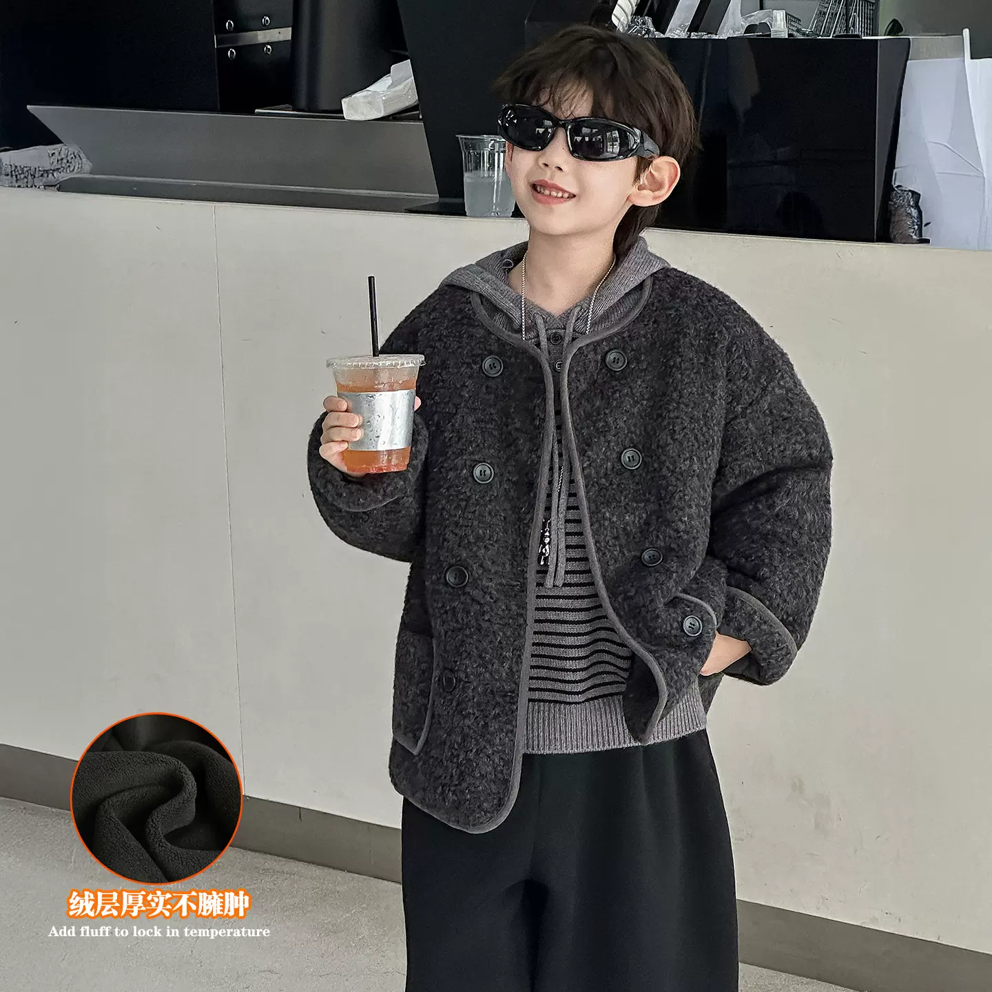 男童外套儿童深秋韩版2025新款秋季加厚保暖羊卷毛圆领童装上衣潮