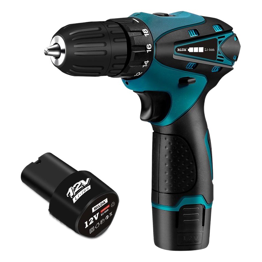 Hilda 12V destornillador inalámbrico taladro eléctrico doble velocidad batería de litio recargable LED luz 2 unids impermeable mano Taladro