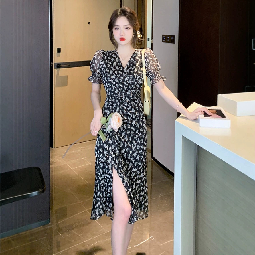 Đầm maxi nữ thắt eo đuôi cá họa tiết hoa mạ vàng kiểu Pháp — Hoa màu đen chi tiết 3