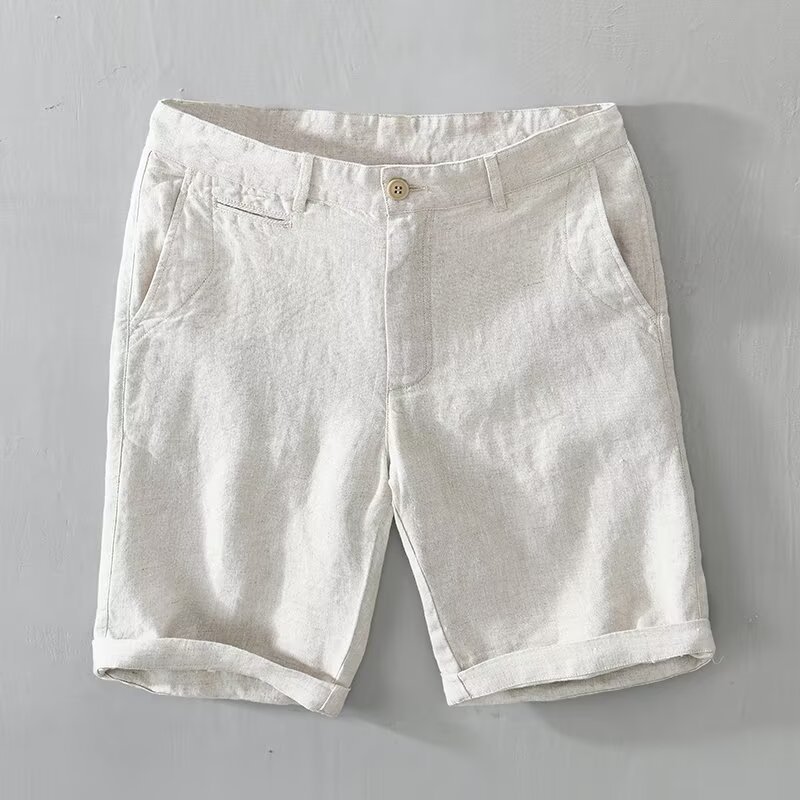 Summer Japanese-Style Casual Linen Shorts for Men, Straight Loose Pure Linen Knee-Length Breathable Solid Color Thin Dress Pants