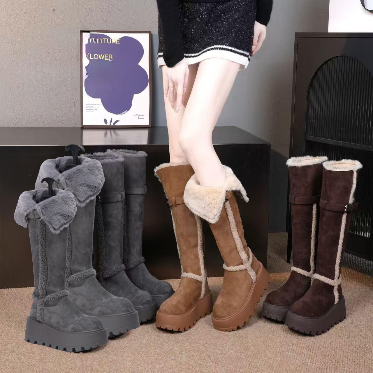 灰色加绒雪地靴女2025冬季新靴子皮毛一体厚底长筒靴防滑加厚棉鞋