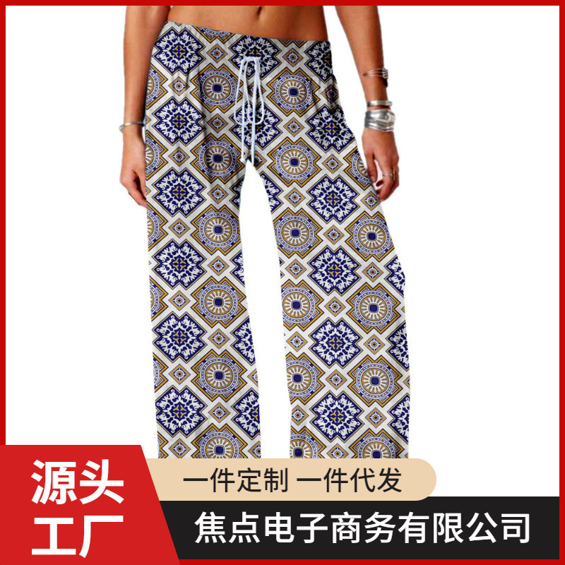 2024 Spring Cross-Border Amazon New Product Retro Pattern Women's Digital Print Yoga Wide Pod Customization