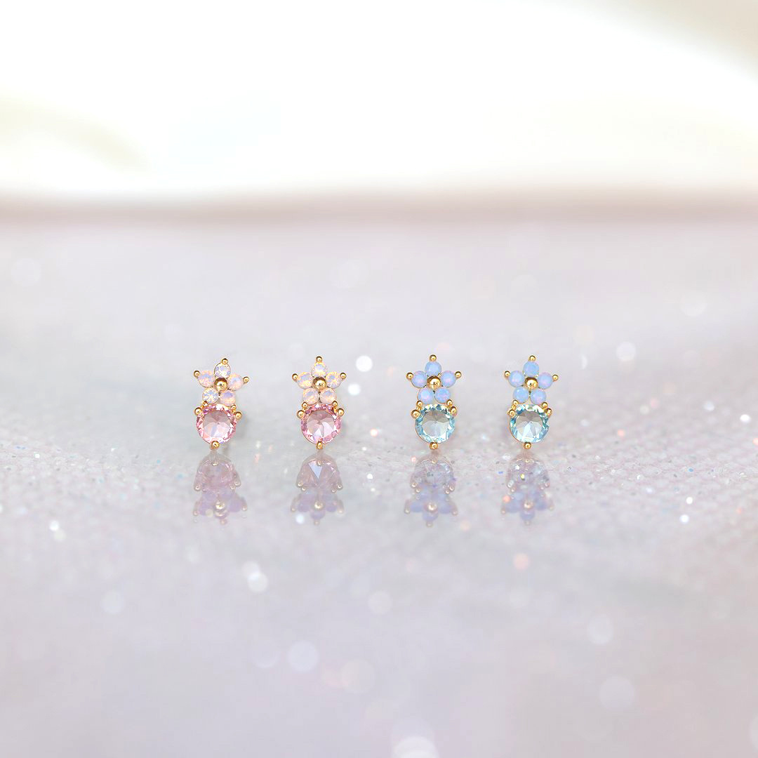 Simple Style Flower Brass Ear Studs Inlay Artificial Gemstones Copper Earrings