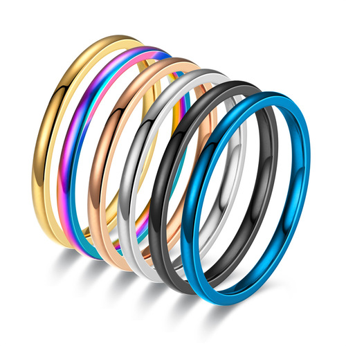 2mm polished titanium steel ring for women, minimalist Japanese-Korean style, personalized simple band, rose gold plated, black, women's size, small finger ring