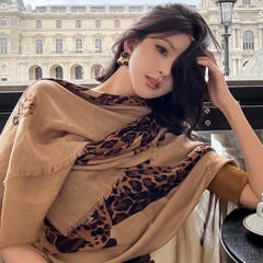 春秋老钱风美式复古金钱豹披肩女外搭时尚气质围巾高级感豹纹丝巾