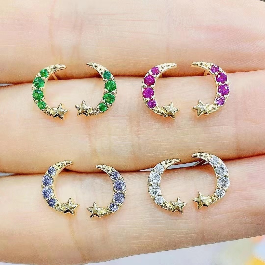 10g Weight Zircon Inlay Material Earrings Classification Fashion Geometric Color Zircon Star Moon Small Copper Earrings