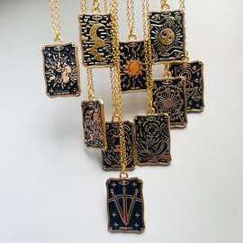 欧美热卖个性朋克风塔罗牌系列项链 暗黑复古几何方形合金项饰品