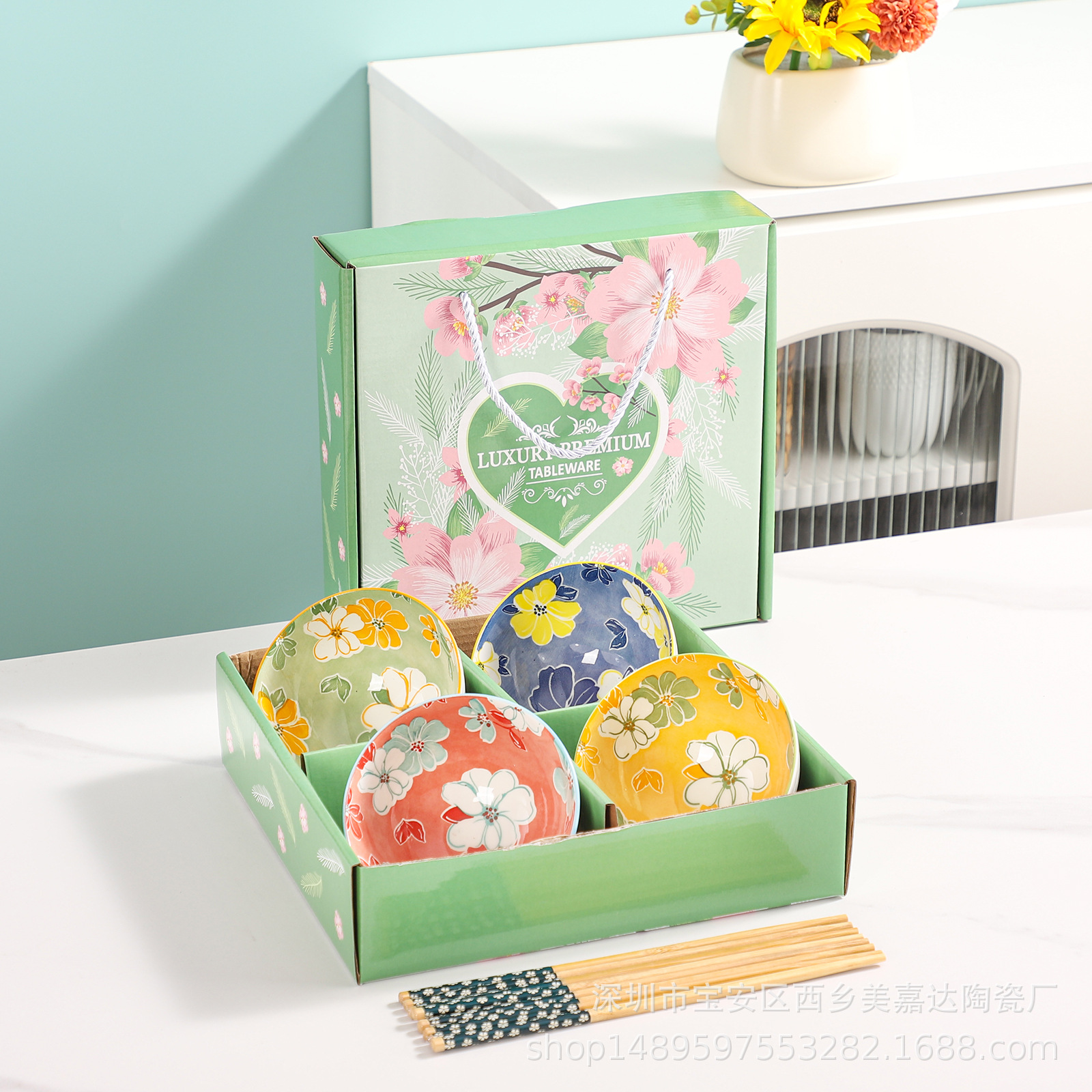 Regalo bohemio tazón de cerámica y palillos traje al por mayor tazón y plato traje hogar tazón de arroz vajilla conjunto tazón caja de regalo traje