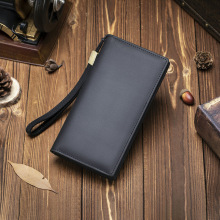 新款大容量头层牛皮钱包简约纯色长款男士钱夹二折拉链手拿包现货