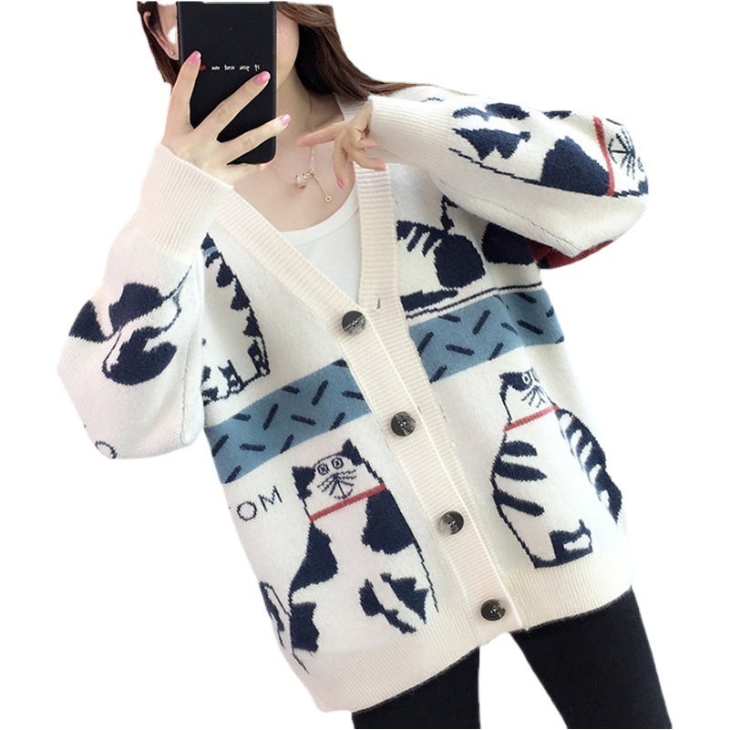 2023 Otoño e Invierno Nuevo suéter exterior de estilo perezoso suelto de las mujeres de estilo coreano con cuello en V gato de dibujos animados de punto Chaqueta de punto
