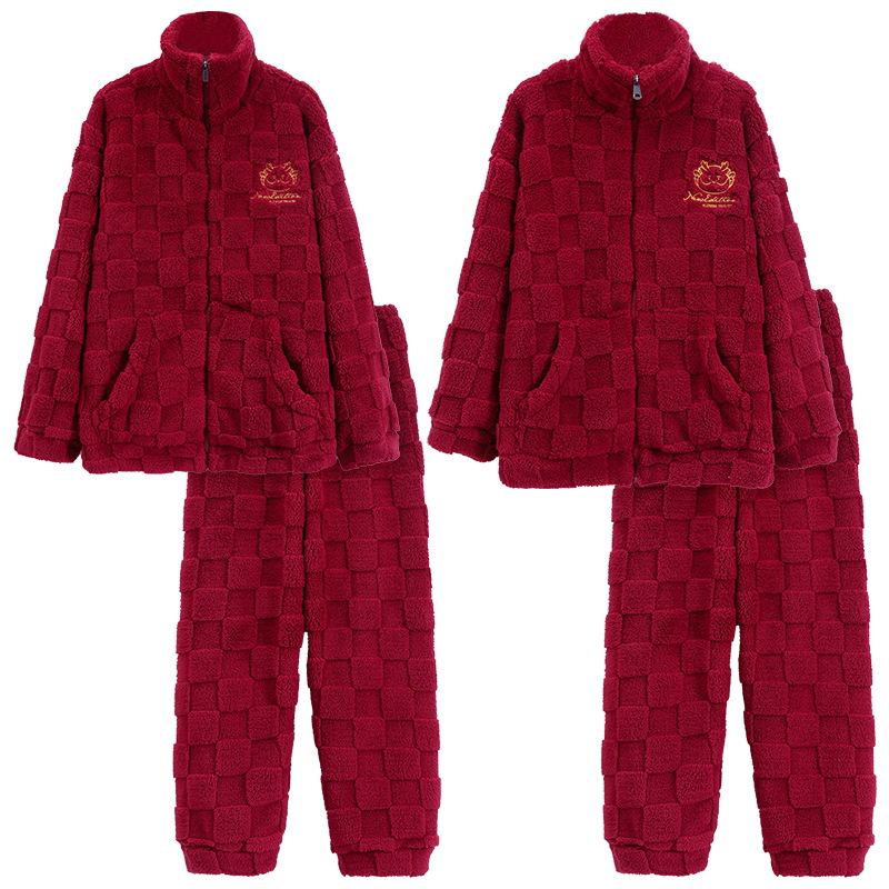 Boda boda roja engrosada de lana forrada de franela pijamas de invierno de las mujeres de coral suelto de lana pareja Pijamas