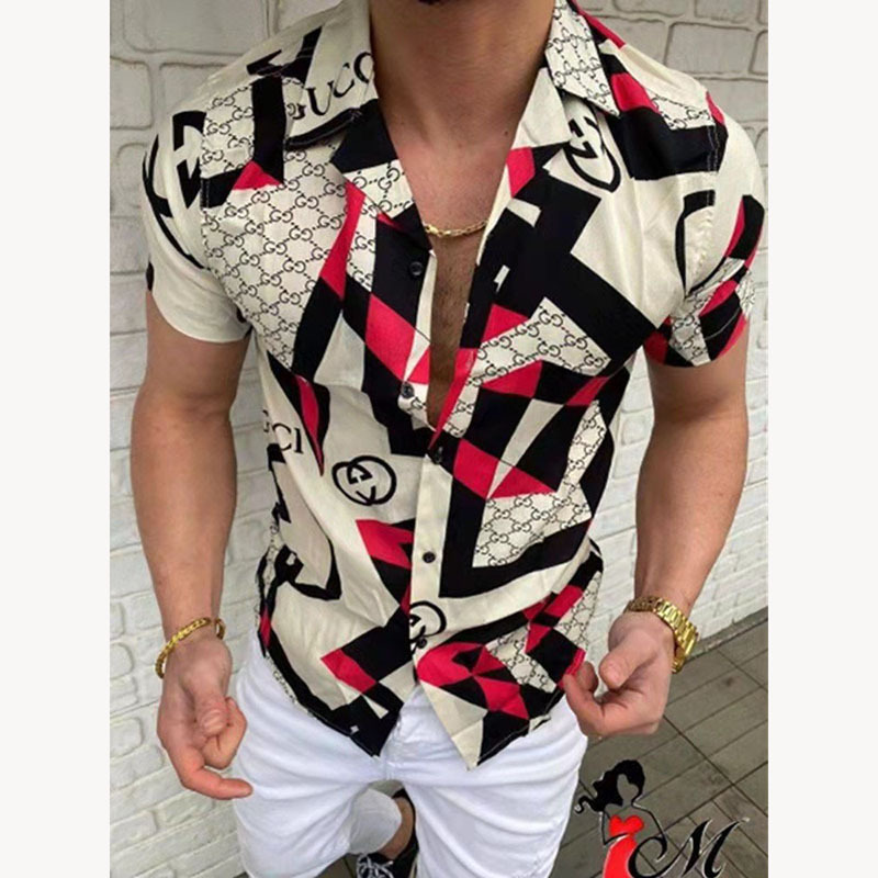 Amazon 2023 New Cross-Border Men's Fashion Printed Hawaiian Short-Sleeved Shirt Casual Cardigan Top Colorful Strips
