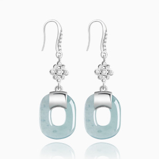 Natural A goods jade blue water square geometric earrings ice jade stone S925 silver inlaid women's high-end fashion earrings