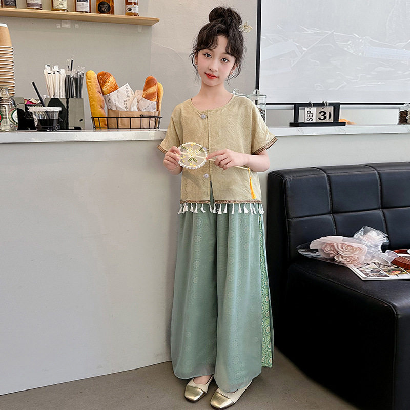 新中式古风韵味少女时尚套装2024年新款时髦小女孩俩件套唐民族风