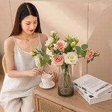 绿植物单枝双头玫瑰仿真花厂家假花批发婚庆装饰品INS跨境MW31586
