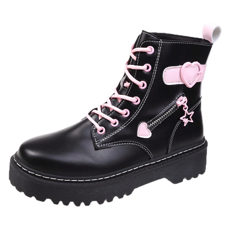Botas de media pantorrilla para mujer, botas de moda con costuras y cordones delanteros de 4CM de suela gruesa para estudiantes, otoño 2023