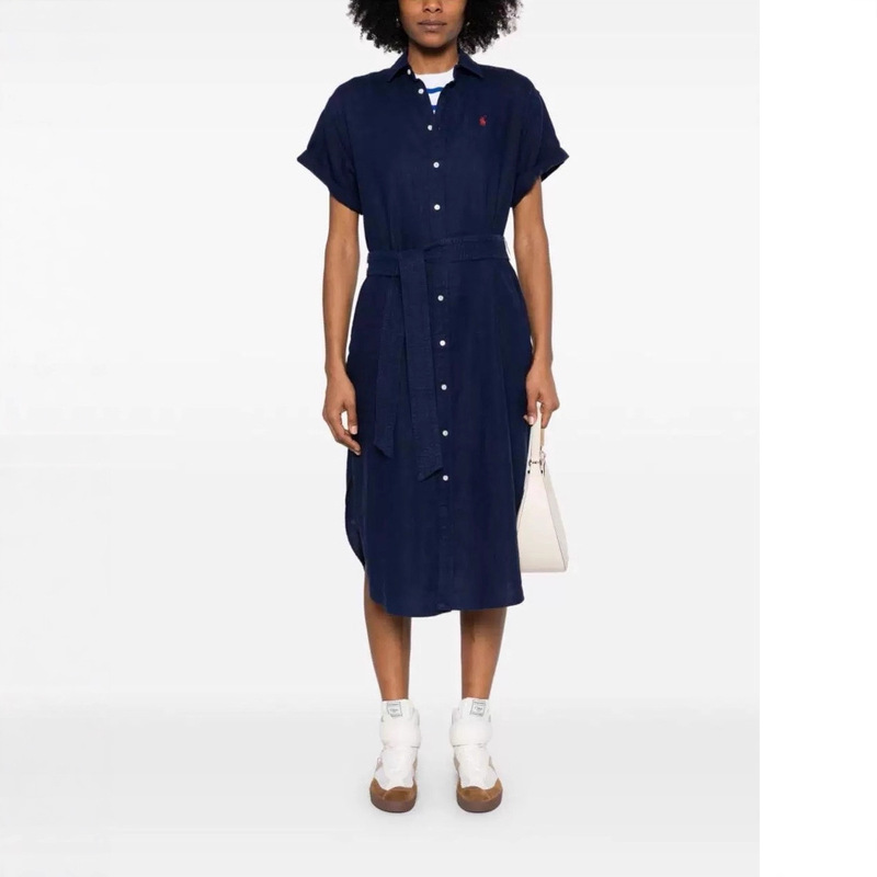 25 New Summer Style Rl Pony Embroidered Short-Sleeved Linen Short-Sleeved Shirt-Style Dress with Waist-Cinching Slimming Effect and Tie-Up Long Skirt