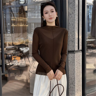 A Must-Have for Spring and Autumn! Half-High Collar Mesh Semi-Sheer Patchwork Long-Sleeve Base Shirt, Elegant and Slim-Fitting Inner Top for Women