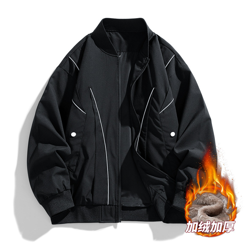 Hong Kong Style Trendy Pilot Jacket for Men, New Autumn and Winter Reflective Strip Design, Functional Style, Loose Baseball Jacket with Fleece Lining