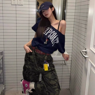 美式复古辣妹斜肩短袖t恤女夏季2025新款宽松慵懒风露肩别致上衣
