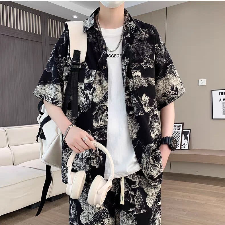 2025 New Men's Large Size Tie-Dye Suit Top Short-Sleeved Shirt Straight Five-Point Shorts Oversize Two-Piece Set