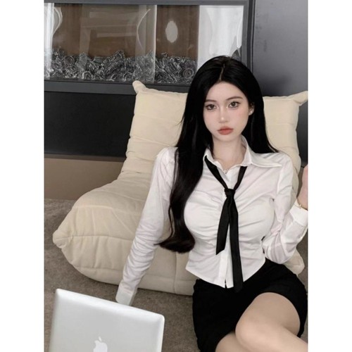 Pure Desire Style Design Belt Pure Color Long Sleeve Women's Black High Waisted Pantsy Short Skirt Design Style Two Piece Set