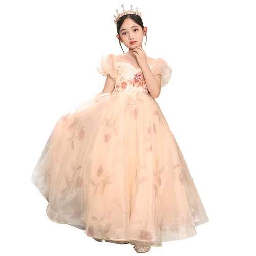 Bubble sleeve girl child dress princess skirt flower child wedding host sweet catwalk fluffy fabric children's performance dress