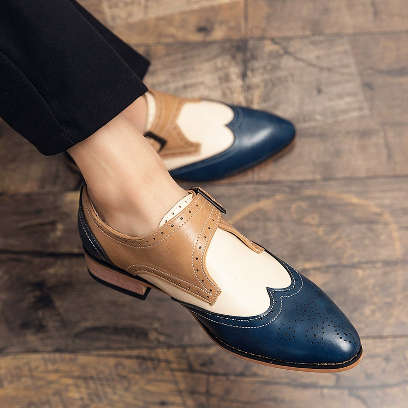 Cross -border autumn retro school style small leather shoes men's pointed head flat heel British Brock flat bottom lace students large size