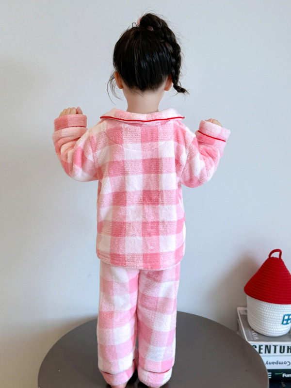 女小童睡衣套装秋冬款2025新款小女孩宝宝格子开衫儿童家居服套装|undefined