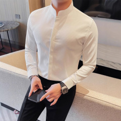 立襟シャツ男性長袖2025新中国式国風メンズ高級感中山服白シャツ男性モデル