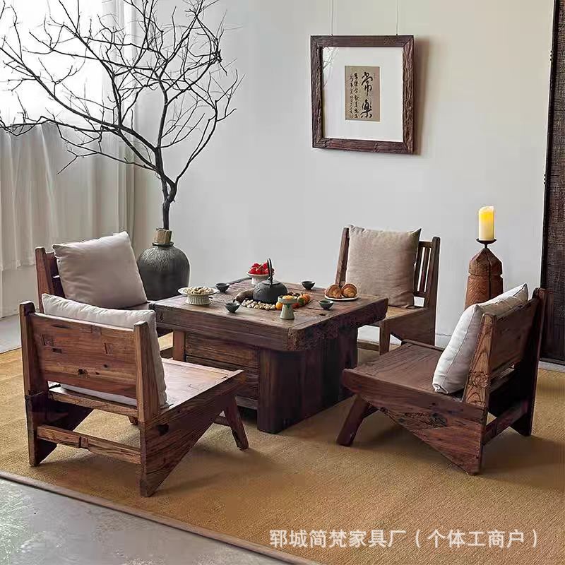 Wholesale Household Solid Wood Tea Table with Stove, Square Eight-Immortal Table, Old Elm Wood Stove Table, Barbecue and Hot Pot Table Set