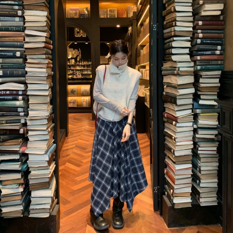 实拍 韩国chic宽松休闲高领毛衣马甲不规则半身裙送腰带套装89324|undefined