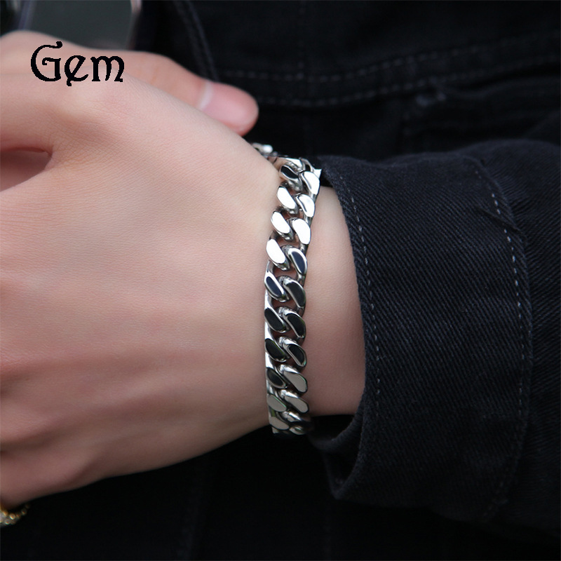 ins Trendy Hip-Hop Distinctive Gloss Cuban Chain Bracelet Men's Simple Fashion Spring Button Stainless Steel Bracelet Jewelry