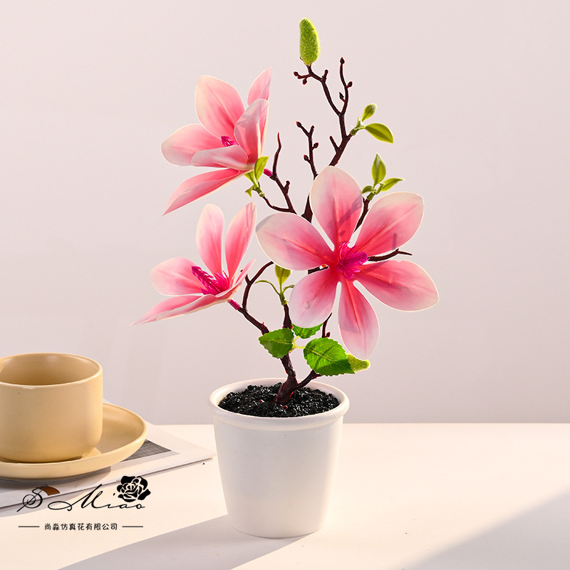 Bonsai de magnolia con sensación de tres cabezas, flores creativas de simulación, decoración de estudio fotográfico para el hogar, plantas verdes artificiales, plantas en macetas de simulación image 1