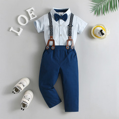 2024外貿童裝哈衣背帶褲兩件套寶寶衣服男童夏季短袖英倫兒童套裝