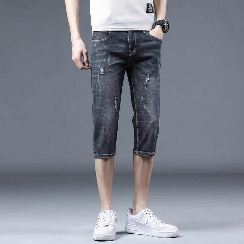 Summer Ripped Thin Men's Spring and Summer Cropped Jeans Stretch Pants Trendy Korean Version Versatile Slim Fit Youth