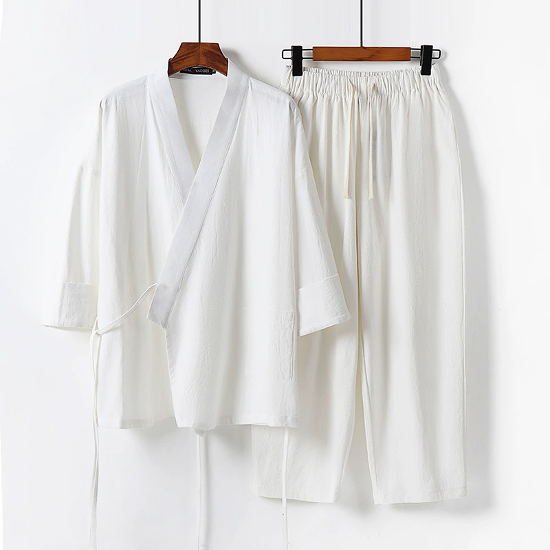 Костюм из хлопка и льна в китайском стиле, мужской летний комплект из двух предметов, льняная рубашка с рукавом три четверти в корейском стиле, красивый комплект одежды для мужчин
