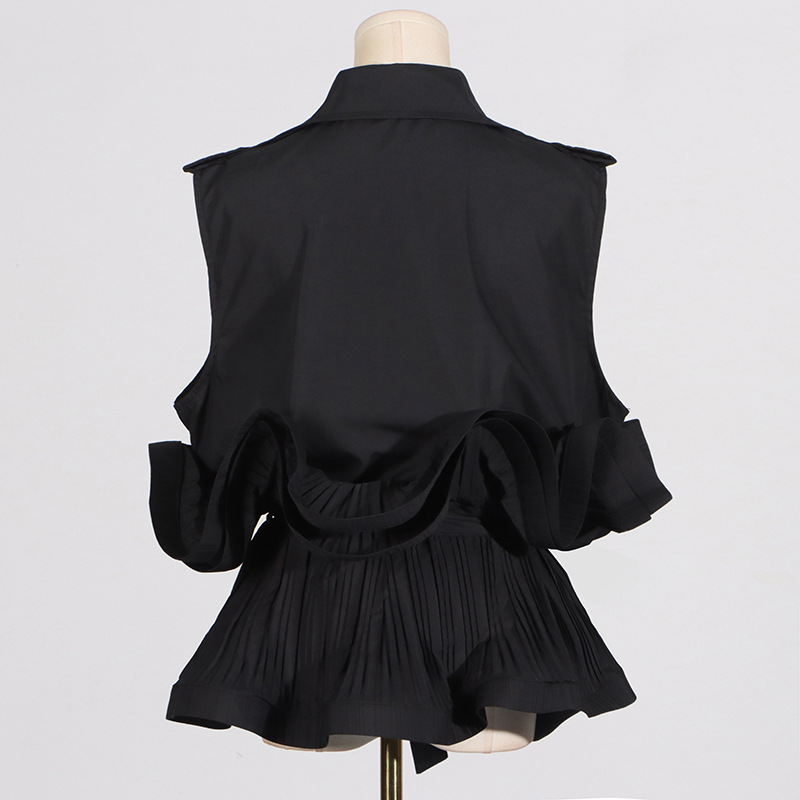 Women's Clothing Spring and Summer New Fashion Temperament Khaki V neck Pleated Splicing Design Sleeveless Lace up Women's Shirt_voghion.com