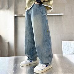 男の子の春と秋のストレートジーンズ2025新しいスタイルカジュアルでハンサムな中型と大型の子供向け多用途ルーズファッションクールでハンサムなトレンド
