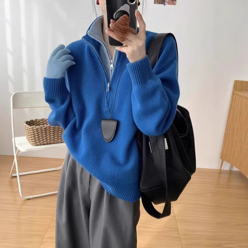 Klein Blue Fake Two-Piece Half-Zip Stand Collar Sweater for Women, Unique and Stylish Design for Autumn and Winter, Knitted Top Klein Blue Fake Two-Piece Half-Zip Stand Collar Sweater for Women, Unique and Stylish Design for Autumn and Winter, Knitted Top