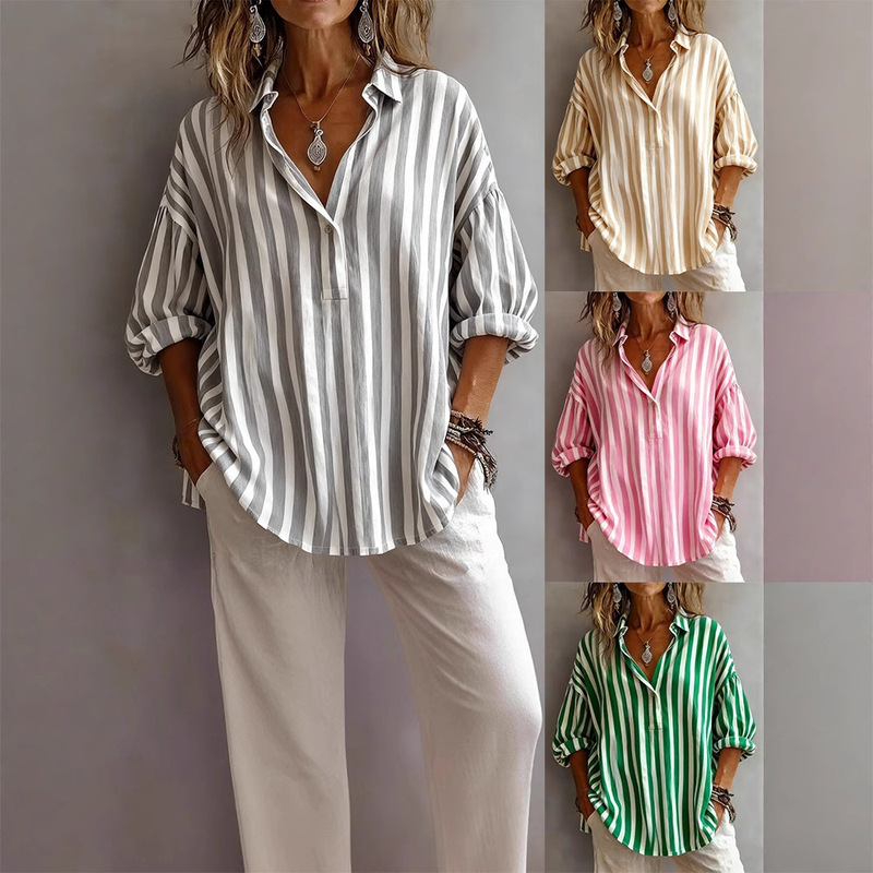2025 Cross-Border Export European and American Clothing Amazon Spring Shirt Collar Long-Sleeved Pullover Stripesd Loose Women's Shirt