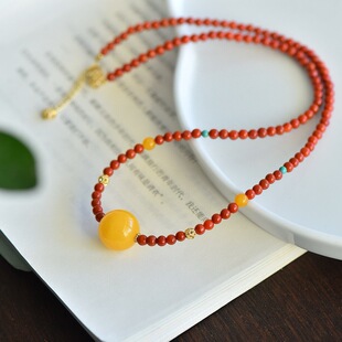 Natural Russian Chicken Oil Yellow Old Beeswax Round Bead Clavicle Chain Necklace Size About 14.4mm Send South Red Agate Chain