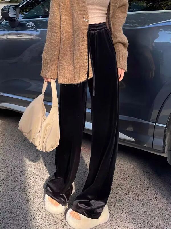 Black Velvet Wide-Leg Pants High-Waisted Loose Casual Floor-Length Straight Lazy Drape Pants Women Autumn Winter Fleece-Lined Black Velvet Wide-Leg Pants High-Waisted Loose Casual Floor-Length Straight Lazy Drape Pants Women Autumn Winter Fleece-Lined