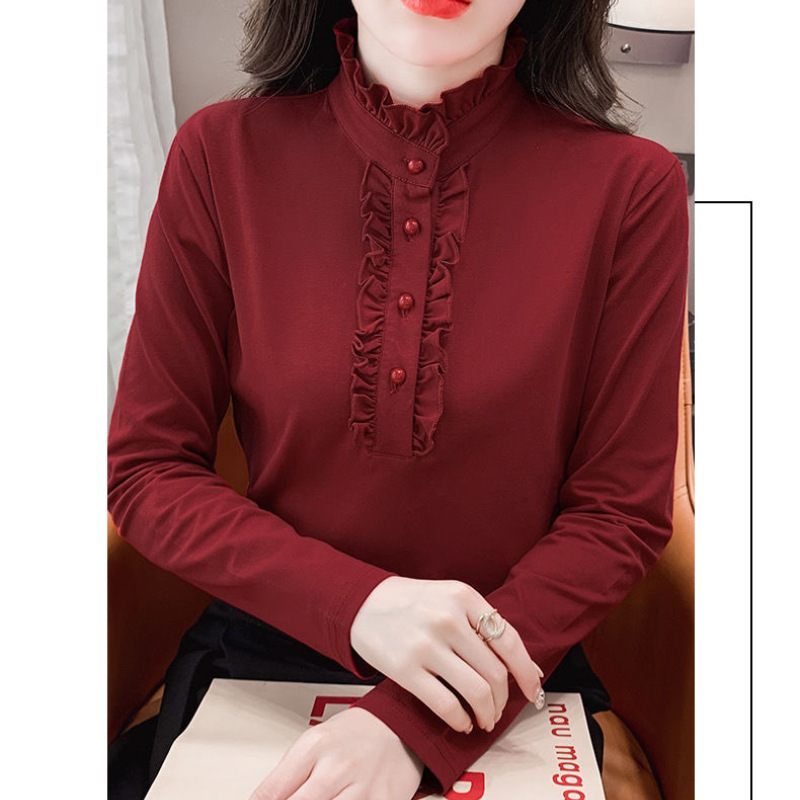 Ribbed Velvet Shirt with Half-High Collar for Women, Autumn and Winter New Solid Color Long-Sleeve Top with Lace Collar for Mothers